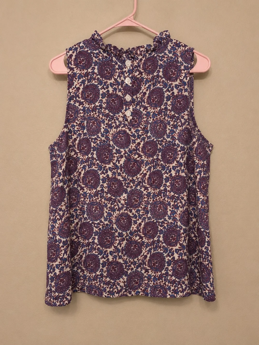 J.Crew Sleeveless Ruffled Neck Floral Medallion Top in Lavender and Cream
